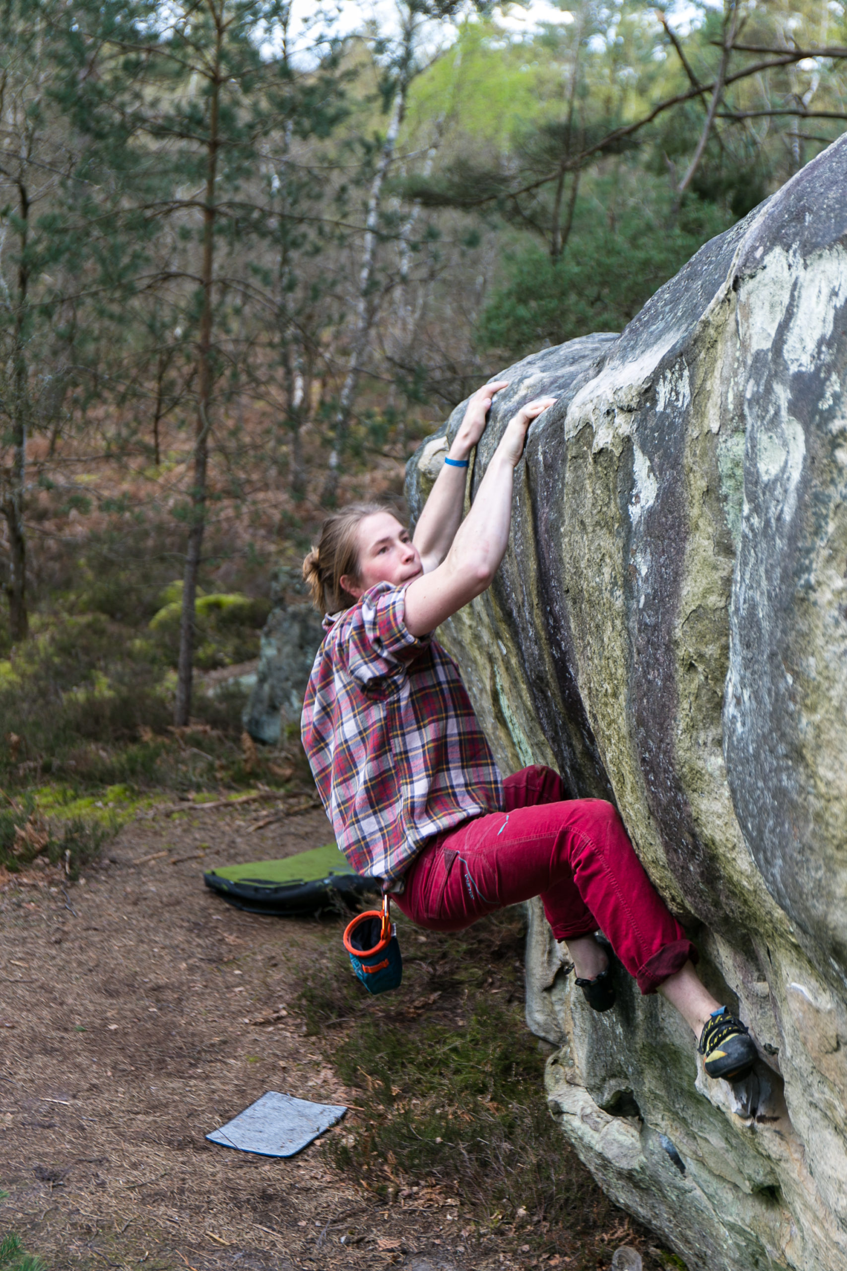 Un jeune homme escalade un rocher de la forêt de Fontainebleau en toute sécurité